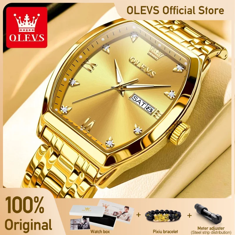 

OLEVS Men's Watches Luxury Tonneau Original Top Brand Quartz Watch for Men Waterproof Luminous Week Date Male Wristwatch