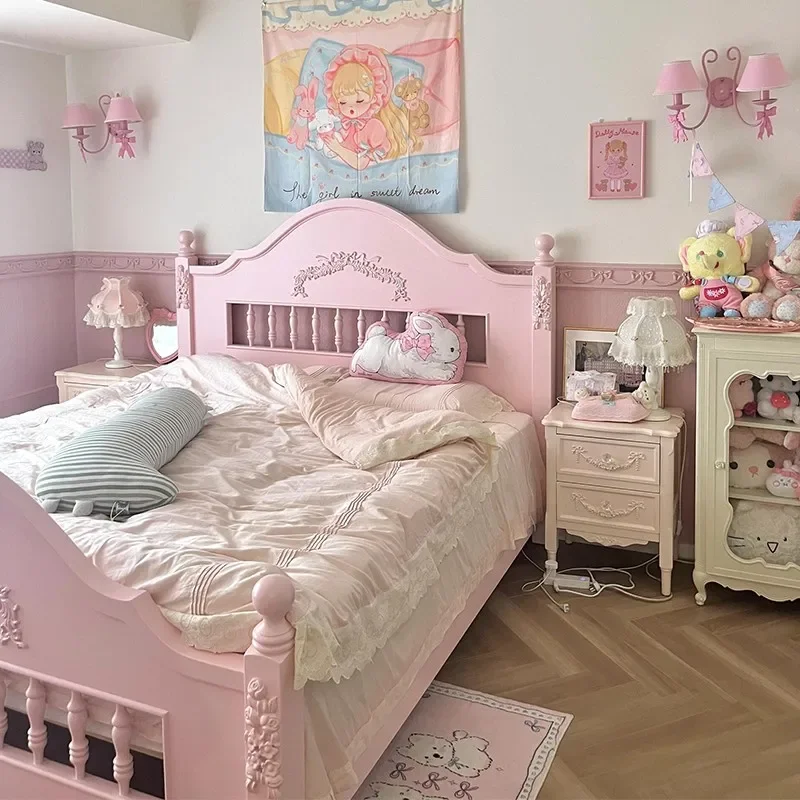 French princess bed pink bedroom 1.8 meters solid wood bed 1.5 children Internet celebrity palace engraving