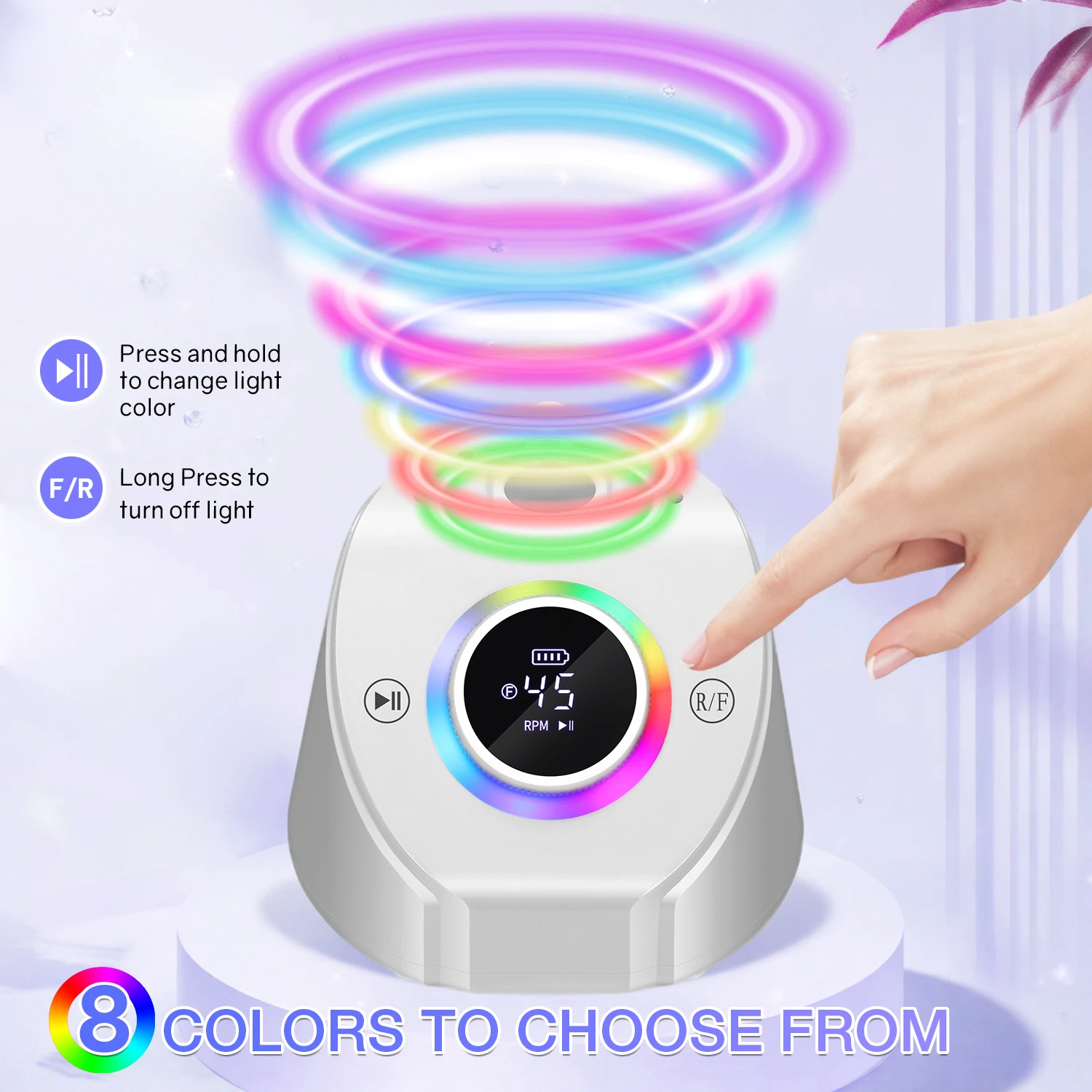 45000RPM Rechargeable Nail Drill Machine – Elegant Base with Handpiece Rest, 8-Color LED Glow, USB-C, Cordless Electric File