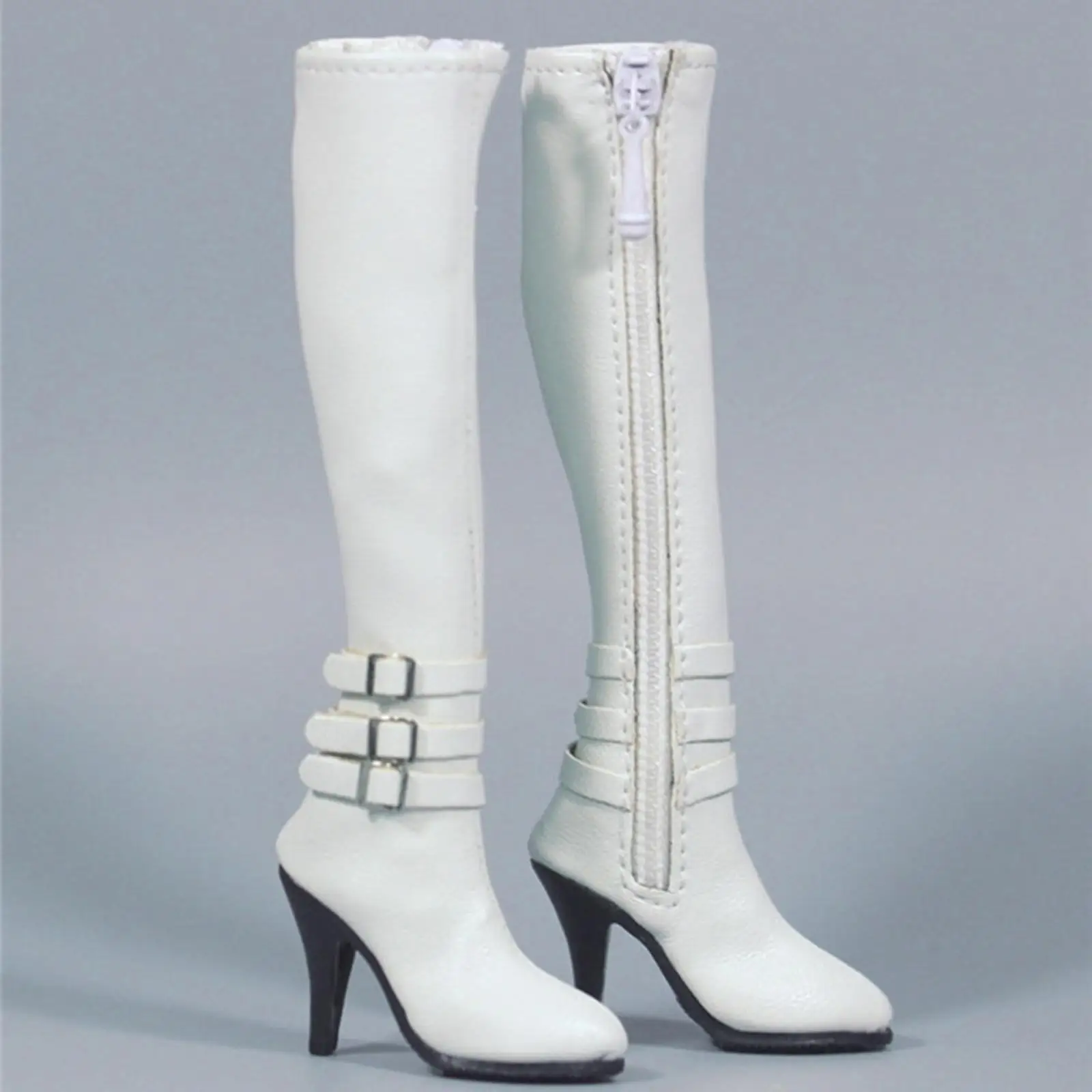 Botas de salto alto com zíper e fivela lateral, material PU, para bonecas de 12 polegadas, modelo feminino.