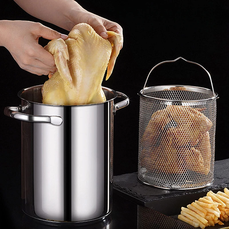 

304 Stainless Steel Kitchen Fryer with Strainer Tempura Fryer Spaghetti Boiled Chicken Fried Chicken Cooking Tools Set