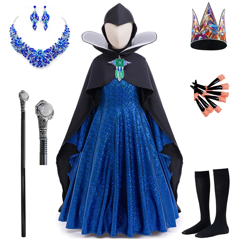 Girls Fairy Tale Evil Queen Dress Up Sparkly Sequin Long Ball Gown Cape Halloween Cosplay Princess Villain Children's Costume
