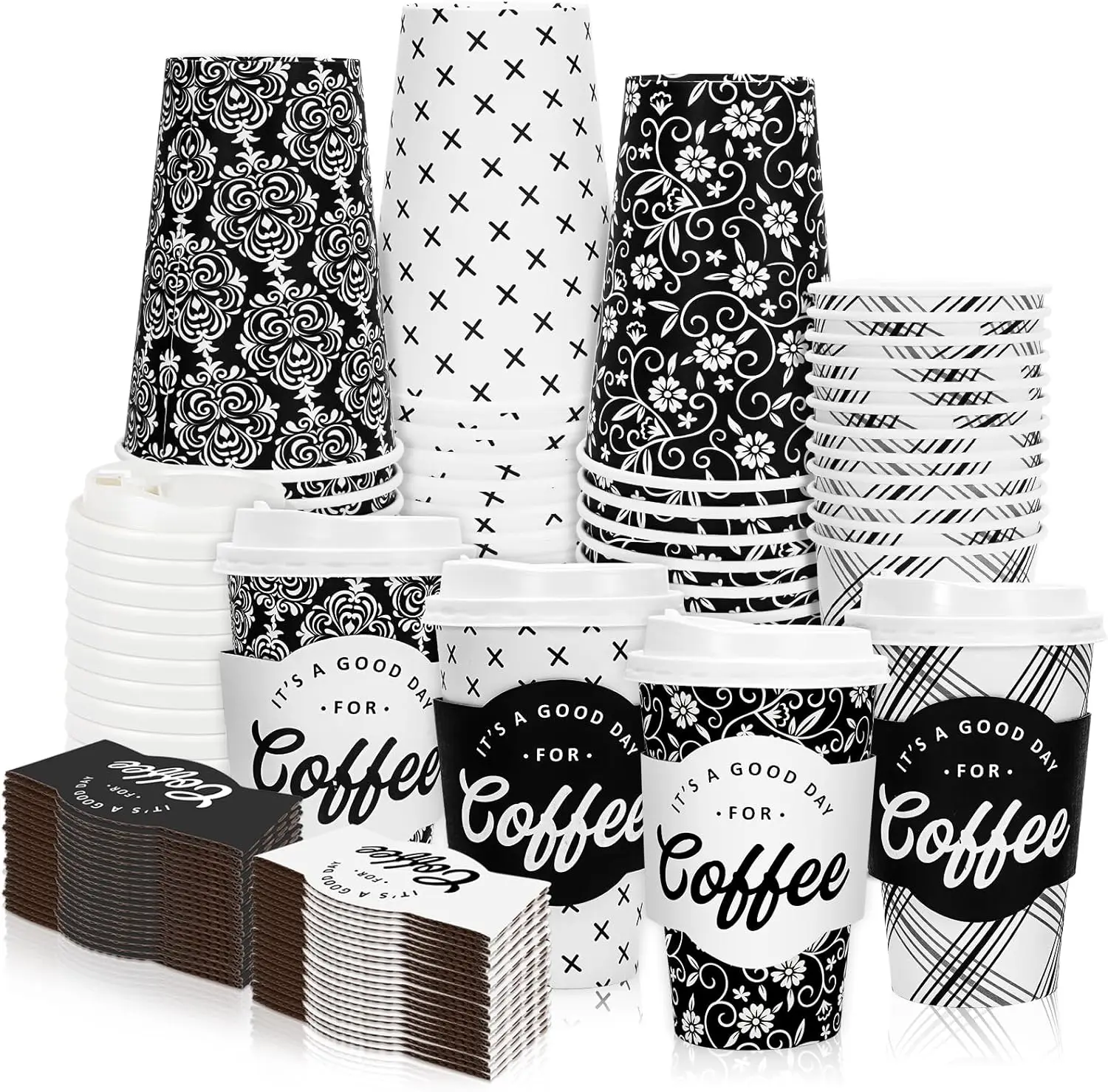 

100 Pack Modern Disposable Coffee Cups with Lids and Sleeves Black White Simple Paper Drinking Cups for Wedding Birthday