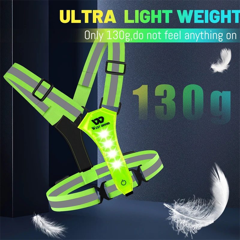 WEST BIKING Outdoor Sport Reflective Strap Vest USB Charging LED Night Chest Lamp Safe Running Warning Light Cycling Accessories