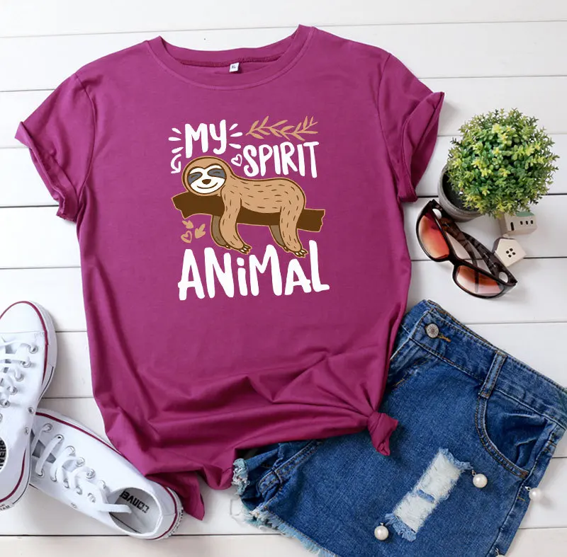 MY SPIRIT ANIMAL Sloth Print Women T Shirt Short Sleeve O Neck Loose Women Tshirt Ladies Tee Shirt Tops Clothes Camisetas Mujer