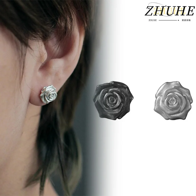 

Retro Silver Rose Stud Earrings with Red Stone Gothic Floral Ear Jewelry for Women Unique Party Accessory