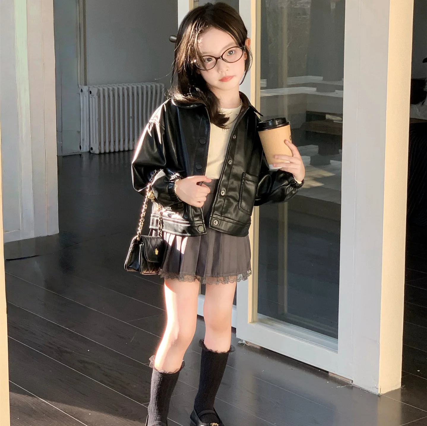 

2025 autumn new children's clothing black leather jacket lace pleated skirt fungus edge bottoming shirt baby girl clothes