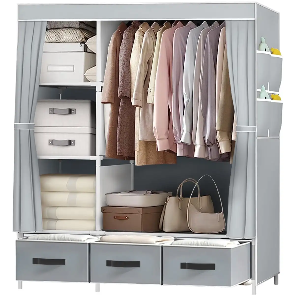 New Upgrade Portable Wardrobe Clothes Organizer for Home Bedroom Clothes Closet with 3 Drawers 4 Shelves Clothes Storage Gray
