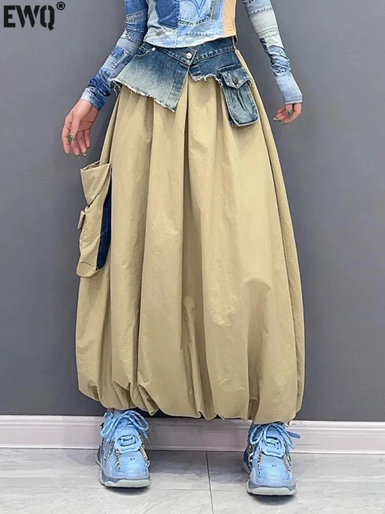 [EWQ] Denim Spliced Skirt For Women Contrast Color Loose High Street Style Female Fashion Skirts 2024 Autumn New 16O1005