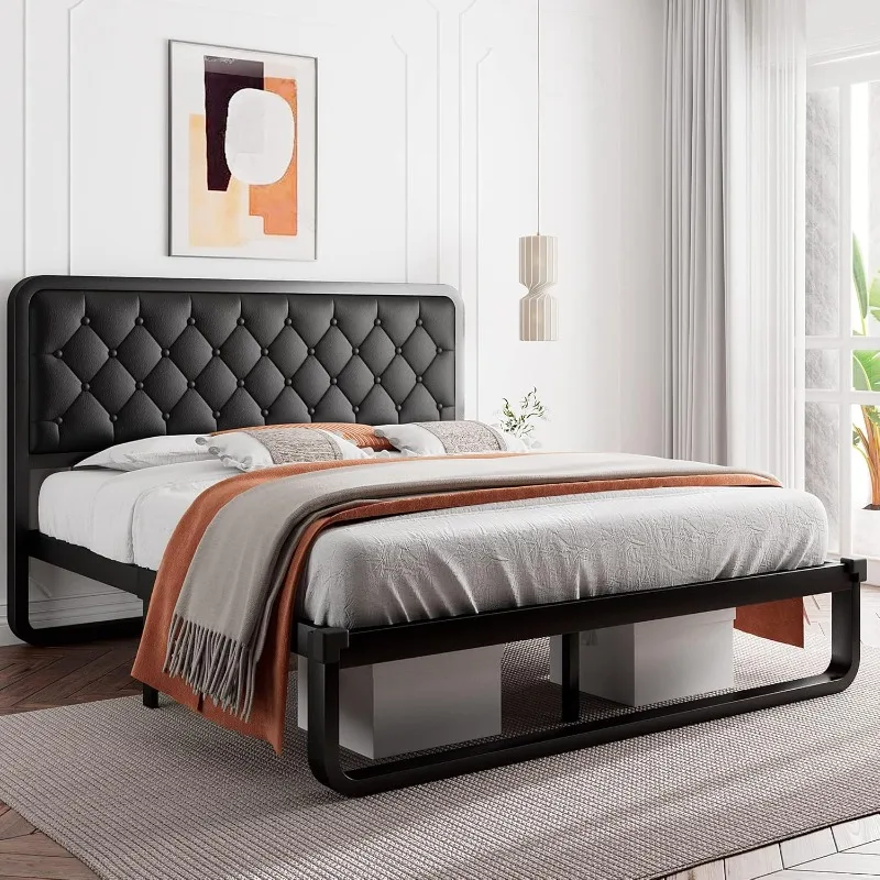 

Queen Size Metal Bed Frame with Faux Leather Headboard, Curved Platform Bed Frame, Thicker Metal Steel Slats Support, Black