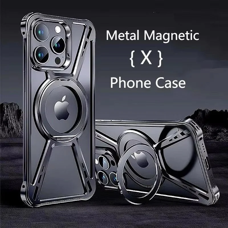 

Magnetic Metal 360° Rotate Stand Phone Case For iphone 14 15 16 Pro Max Hollow Heat Dissipation Aluminum Shock Protective Cover