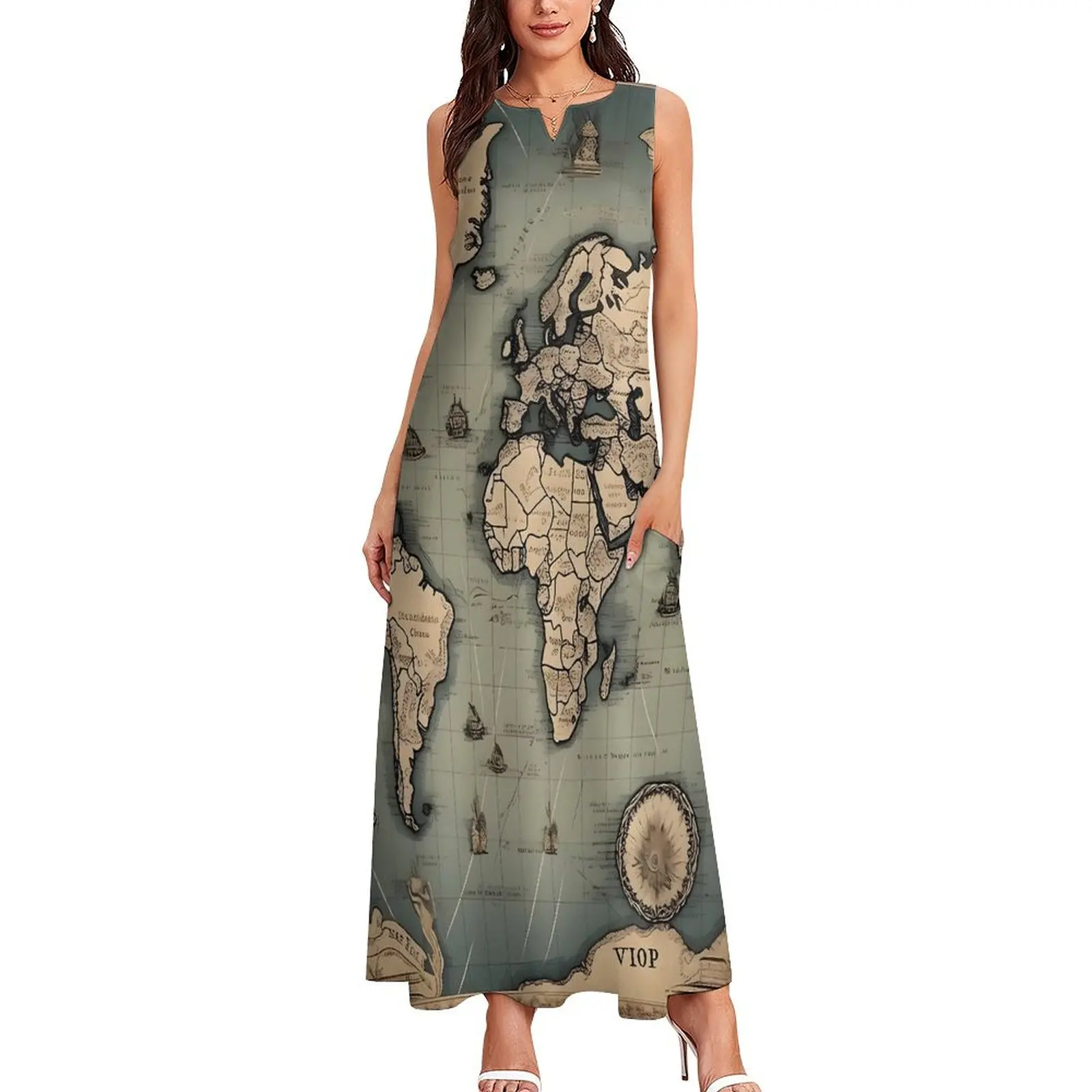 Vintage World Map Dress Historical Map Elegant Maxi Dress Streetwear Casual Long Dresses Female Sleeveless Oversized Vestidos