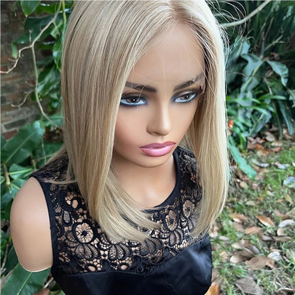 Perruque Bob Lace Front Wig sans colle naturelle, cheveux lisses, 13x6 HD, 14 pouces, racines naturelles, reflet blond doré, densité 150