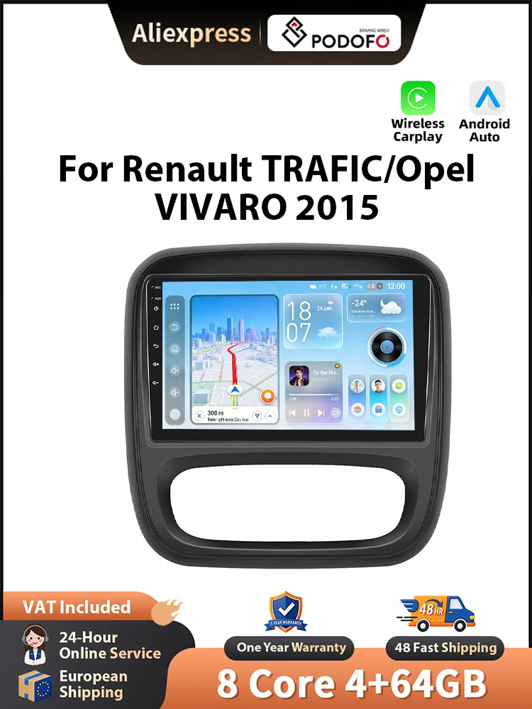 Podofo Autoradio für Renault TRAFIC/Opel VIVARO 2015, kabelloses CarPlay, Android-Headunit, GPS, WLAN, FM/RDS, Car Player, BT, EQ