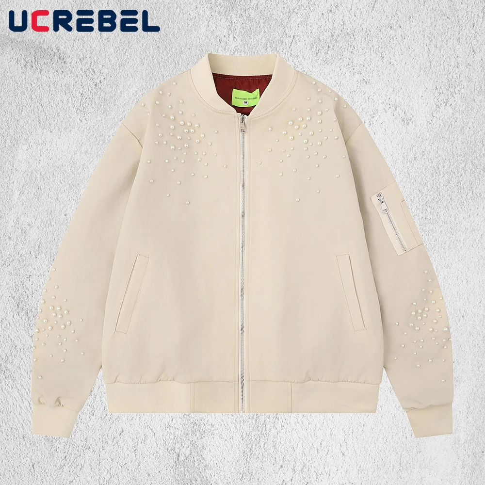 

Beading Pleated sleeves Jacket Mens Solid Color Retro High Street Autumn Winter Stand Collar Loose Baseball Outerwear Man