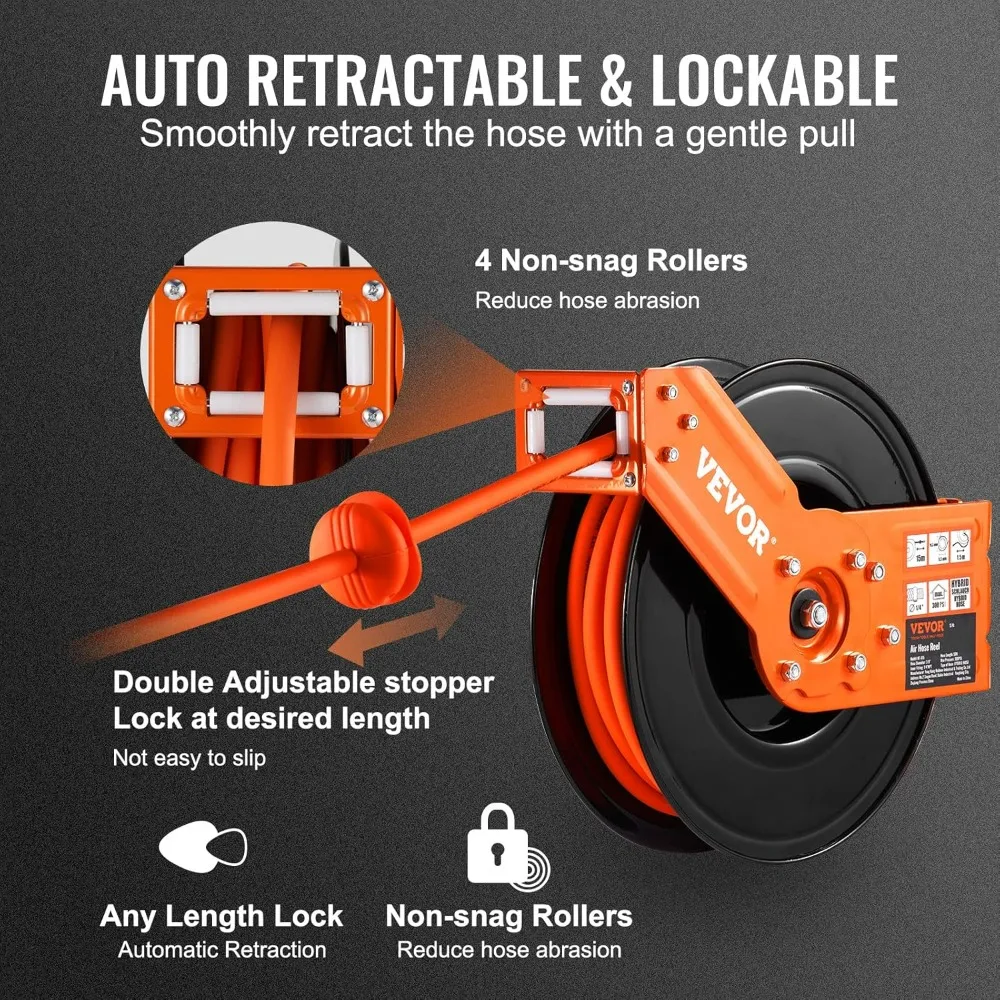VEVOR Carretel Retrátil para Mangueira de Ar 3/8\" x 50 Pés, Mangueira Híbrida 300PSI, com 5 Pés de Mangueira de Conexão e Carretel de Aço de Braço Único para Montagem em Teto ou Parede