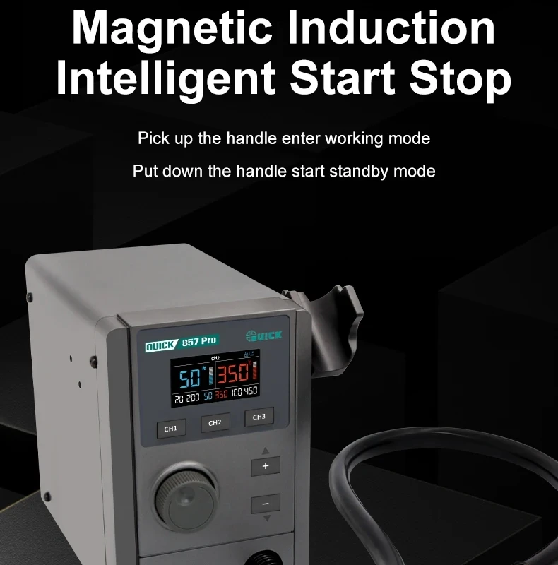 

QUICK 857 Pro Digital display Hot Air Rework Station Magnetic induction Intelligent Start Stop for Repairing Various Equipment