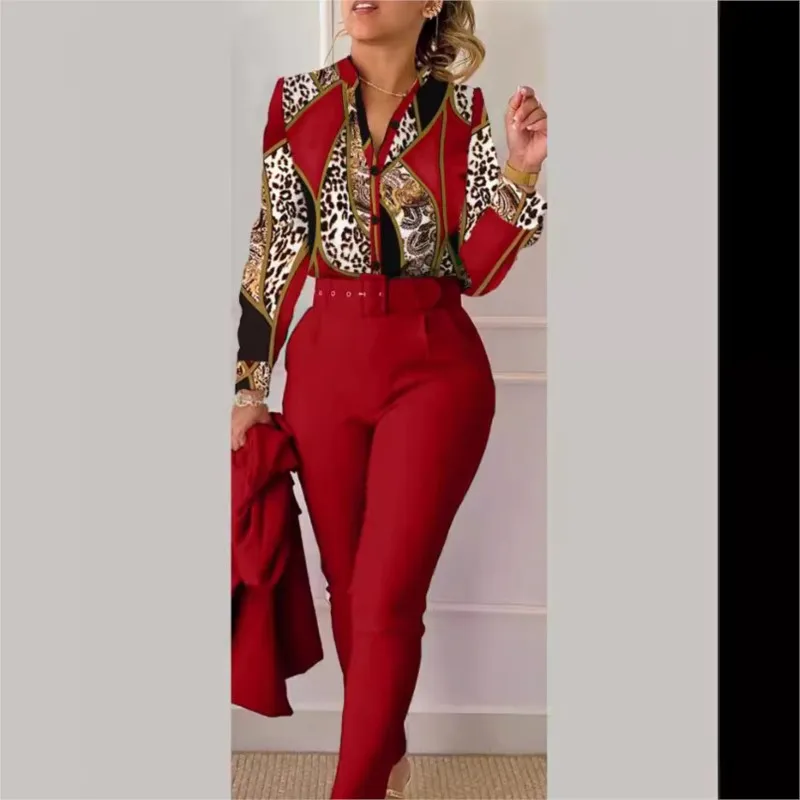 Casual Long Sleeve Shirt Pants Set Office Lady Fashion Elegant V Neck Floral Print Trousers Two Piece Set Women Outfit 2024