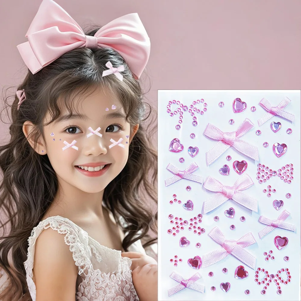 1Pcs 3D Christmas Red Ribbon Bow Face Tattoo Stickers Sweet Heart Bowknot Gems Self-Adhesive Decals for 14+ Party Makeup Tattoos