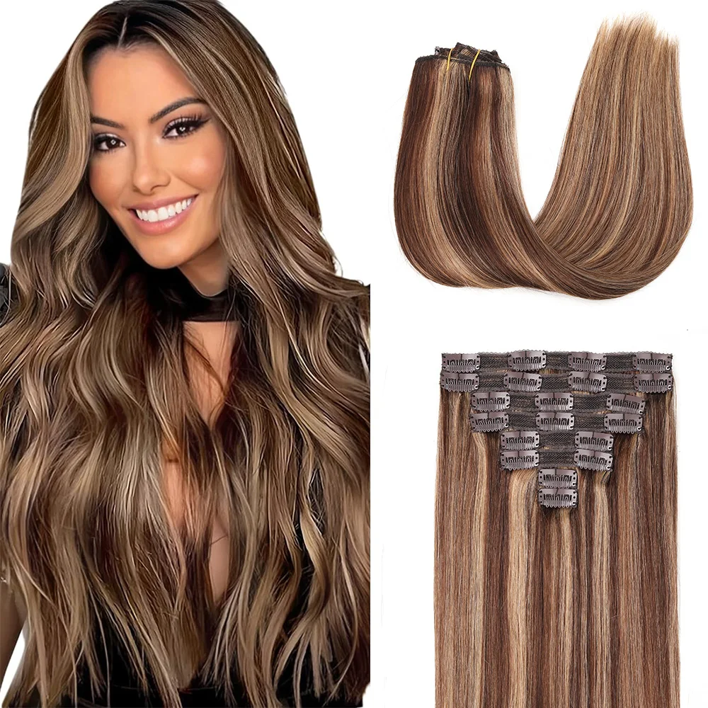 

Straight Clip In Hair Extension Human Hair Clip Ins Seamless Double Weft Clip In Hair Extensions for Women Color P4/27# 8PCS/Set