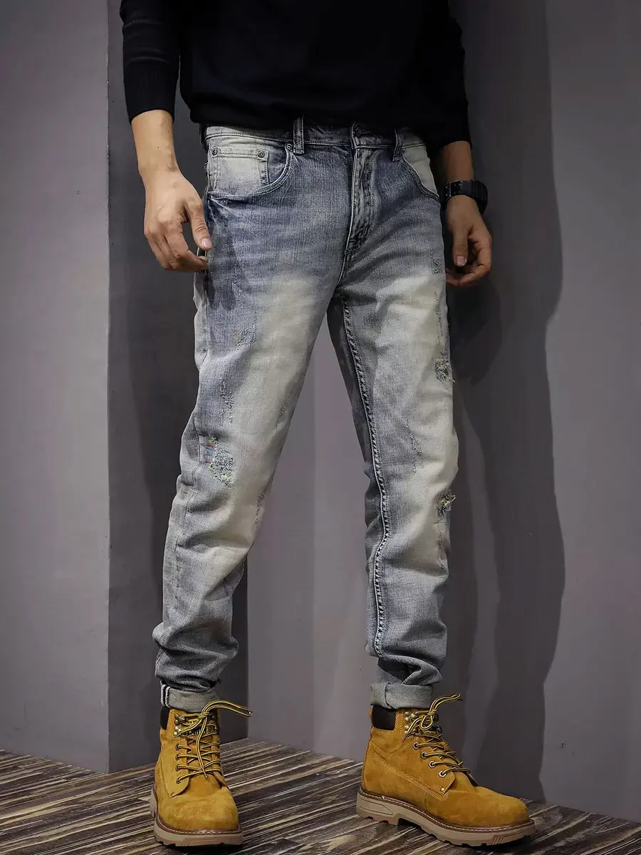 Streetwear Fashion Men Jeans Retro Light Blue Stretch Slim Fit Embroidery Ripped Jeans Men Vintage Designer Denim Pants Hombre