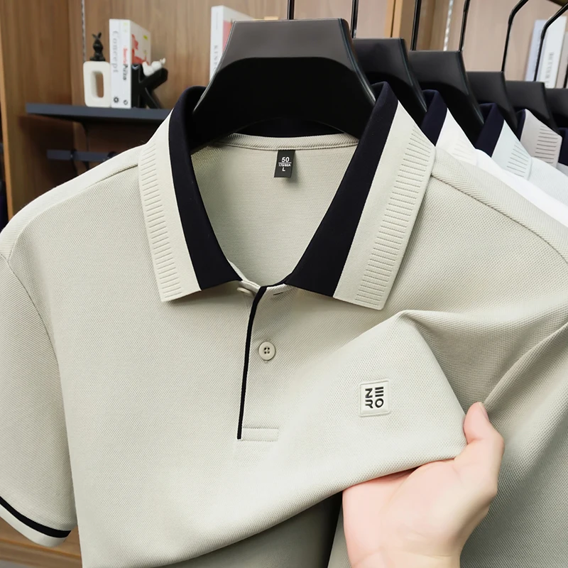 Designer-Marken-Poloshirt aus Seide und Baumwolle mit Kurzarm neu mit Buchstabenprägung modisches Herren-T-Shirt sommerlich atmungsaktiv koreanischer Casual-Top-Stil – Detail 5