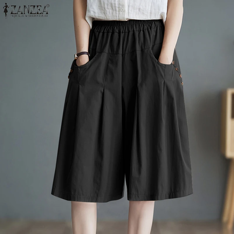 ZANZEA 2025 Summer Women Solid Half Shorts Fashion Elastic Waisted Button Short Pants Casual Pocket Overalls Korean Bottoms