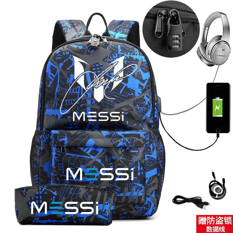 Messi Backpack Lightweight Laptop Male Casual USB Youth Travel Backbag Teens Outdoor Sport Bag Student Schoolbags