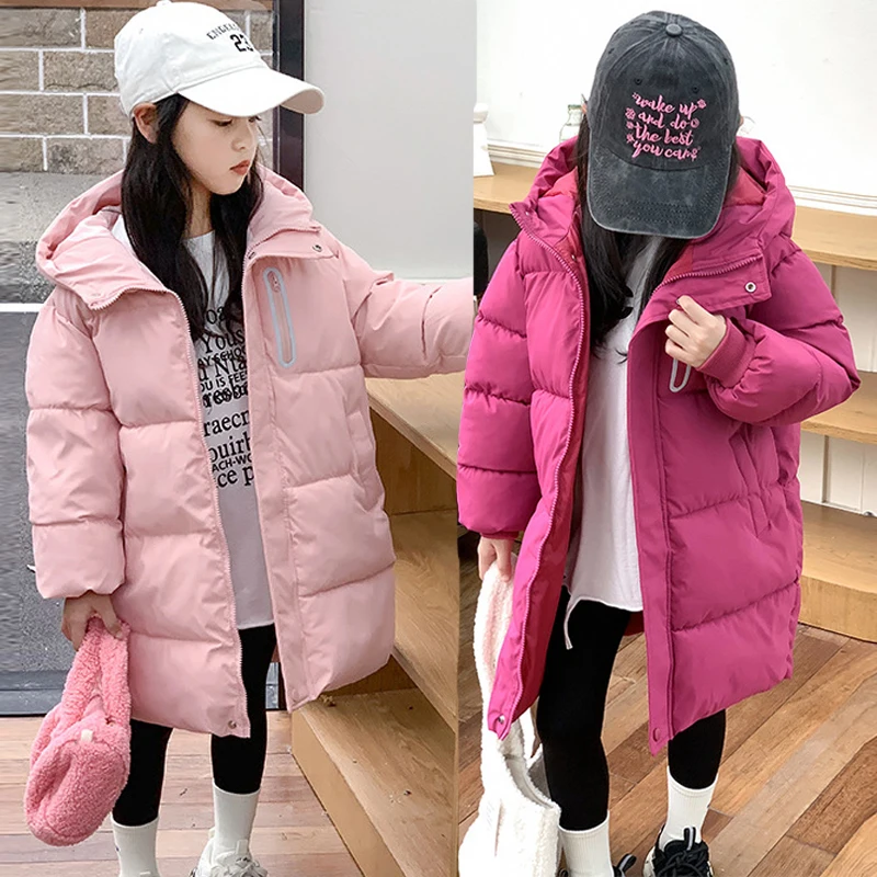 2024 Winter New Girls Jacket Long Solid Color Thick Keep Warm Hooded Down Outerwear For 3-10Y Teen Girls Casual Cotton Windbreak