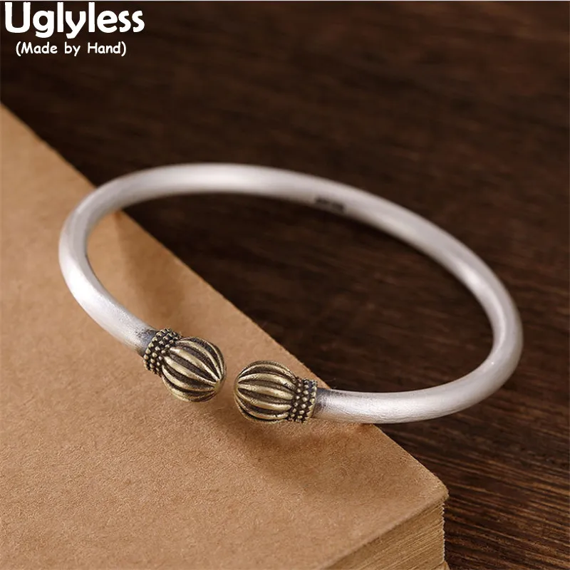

Uglyless Bronze Balls Open Bangles for Women Solid 999 Pure Silver Ins Instagram Popular Jewelry Matte Silver 4MM Thick Bangles