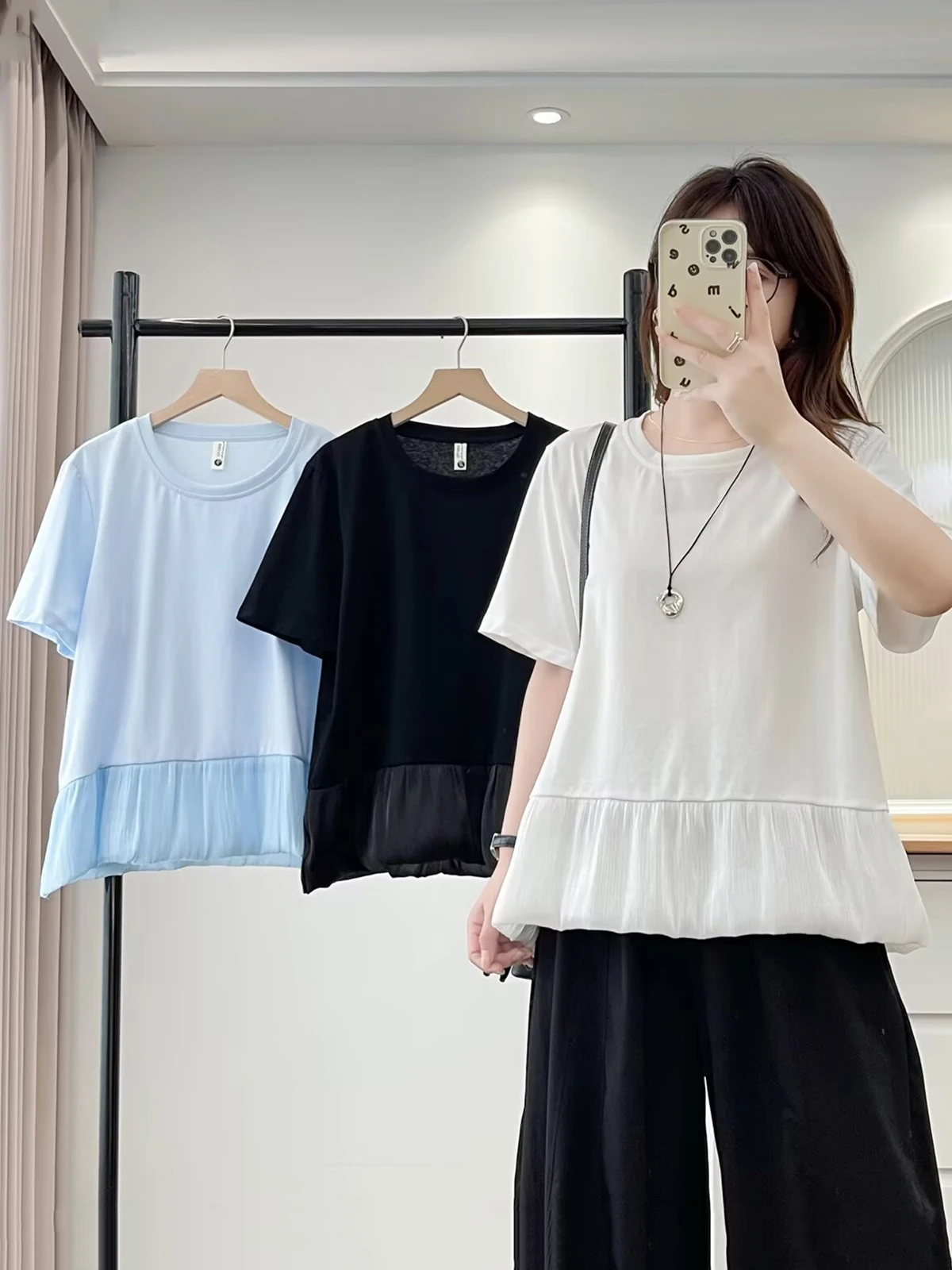 Summer New plus Size Women's T-irt Casual round Ne ort Sve Belly Covering Flower Bud Print Loose Fit Cotton Top