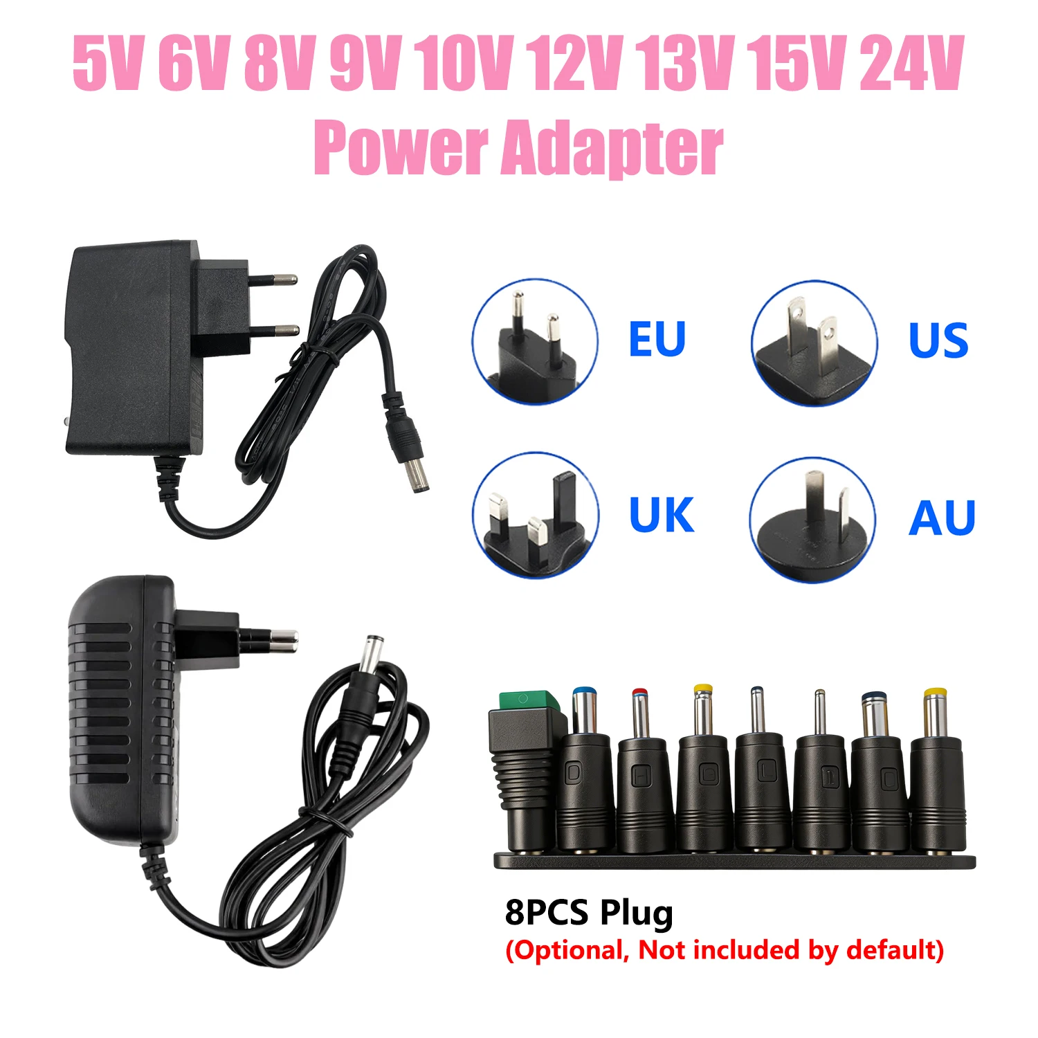 Fonte de Alimentação AC 220V 110V para DC 24V 12V 5V 6V 8V 9V 10V 13V 15V 1A 2A 3A com 8 Conectores Opcionais para Fita de LED