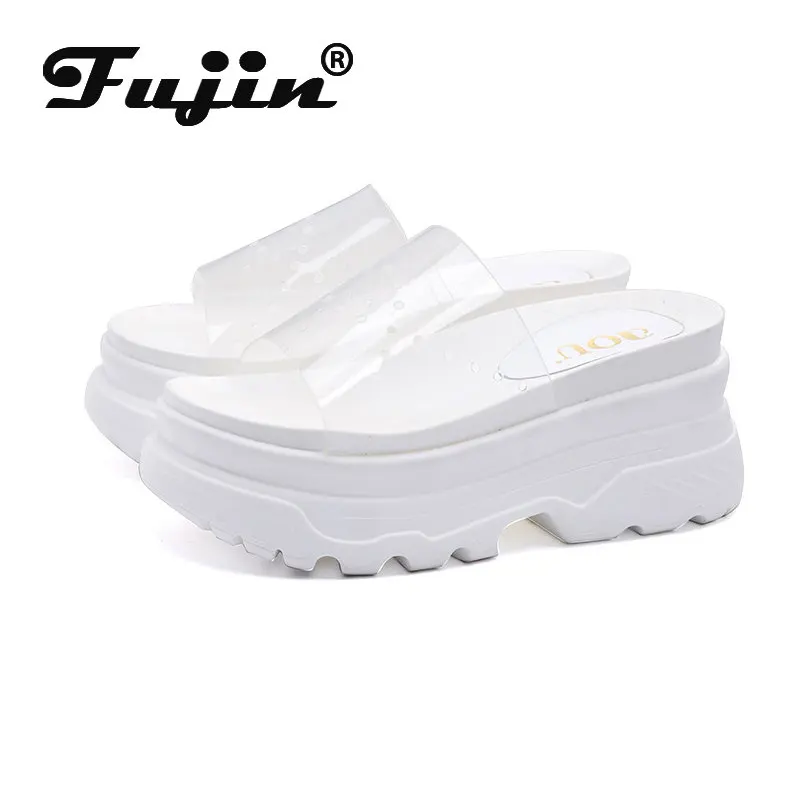 Fujin 8cm Transparent Leather Women Slides Platform Shoes Summer Women Sandals Slipper Beach Shoes Zapatos De Mujer Heels Women