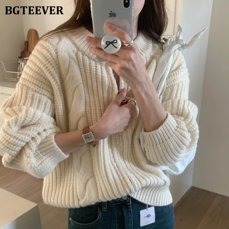 

BGTEEVER Casual Stand Collar Ladies Soft Warm Cardigans Sweaters Autumn Winter Long Sleeve Loose Female Zipper Up Knitted Tops