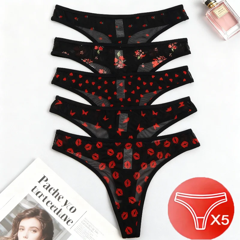 5 Pieces of Black Sexy Low-Rise Thong Underwear, Heart-Shaped Patterned Comfortable Close-Fitting Bikini-Style Swimming Trunks,