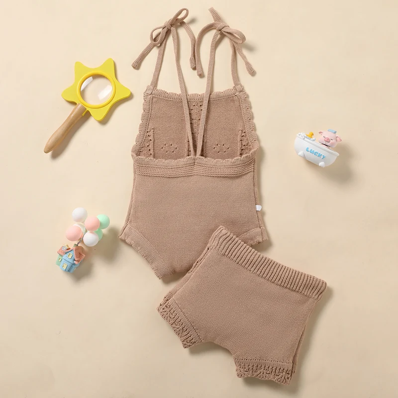 Newborn Baby Girls Solid Lace-up Knitted Backless Sling Rompers Drawstring Ruffle Brim Shorts Beach Summer Clothes Outfits Sets