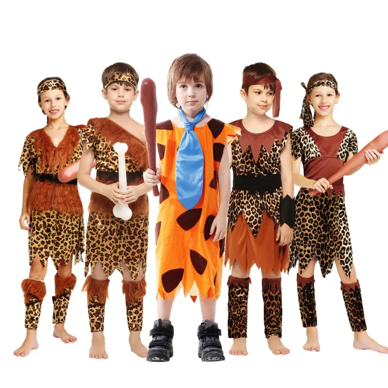 Kids Child Caveman Costume for Boys Girls Caveboy Cavegirl Stone Age Primitive Cosplay Purim Halloween Costumes