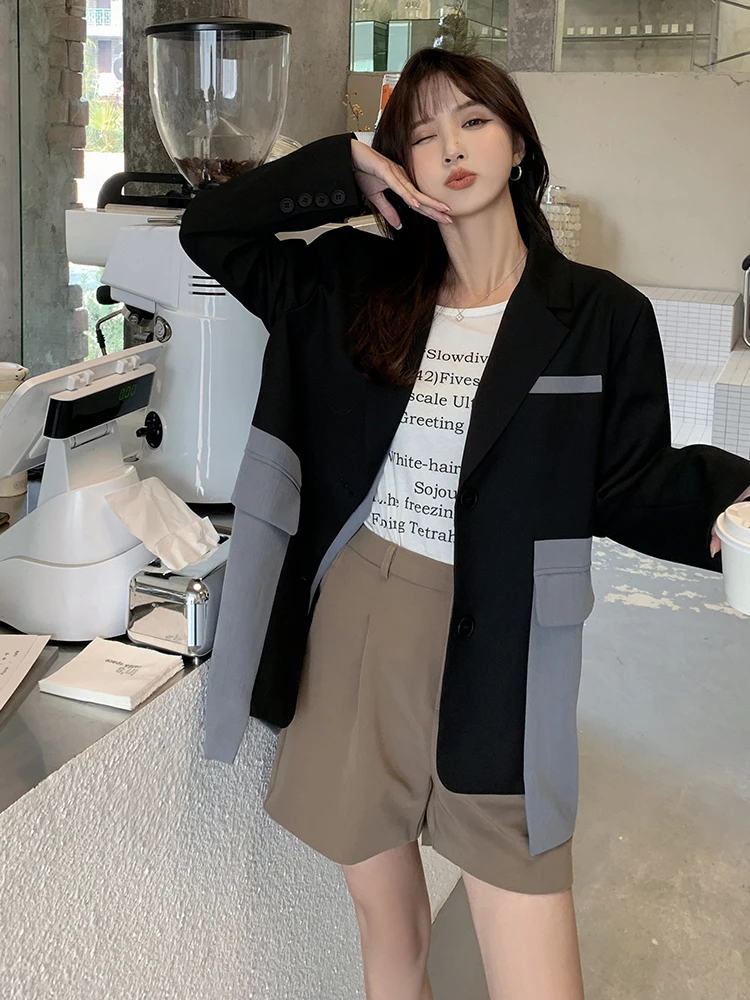 LANMREM Patchwork Blazer For Women Notched Long Sleeves Contrast Color Single Breasted Irregural Coat Fashion 2024 New 2Z1261