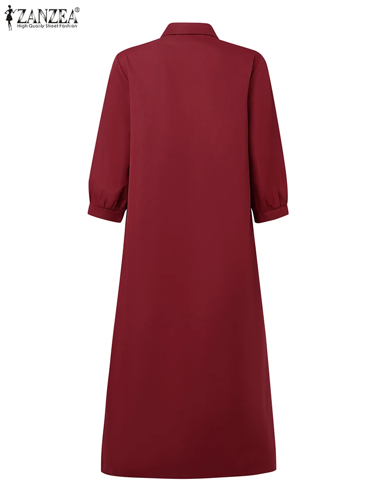 Damen Herbst OL Arbeitskleid ZANZEA 2025, elegantes Reverskragen, 3/4-Ärmel, Bürokleider, stilvolles, solides Hemdkleid, Knöpfe, Midi-Robe