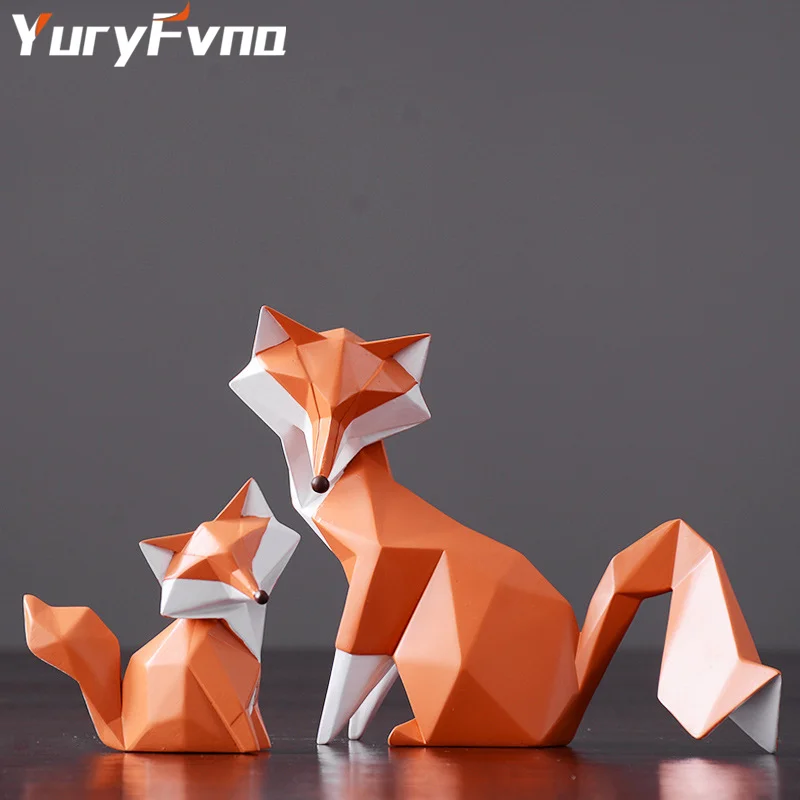 YuryFvna Orange Fox Statue Abstract Geometric Collectible Figurine Animal Home Office Decoration Gift Crafts
