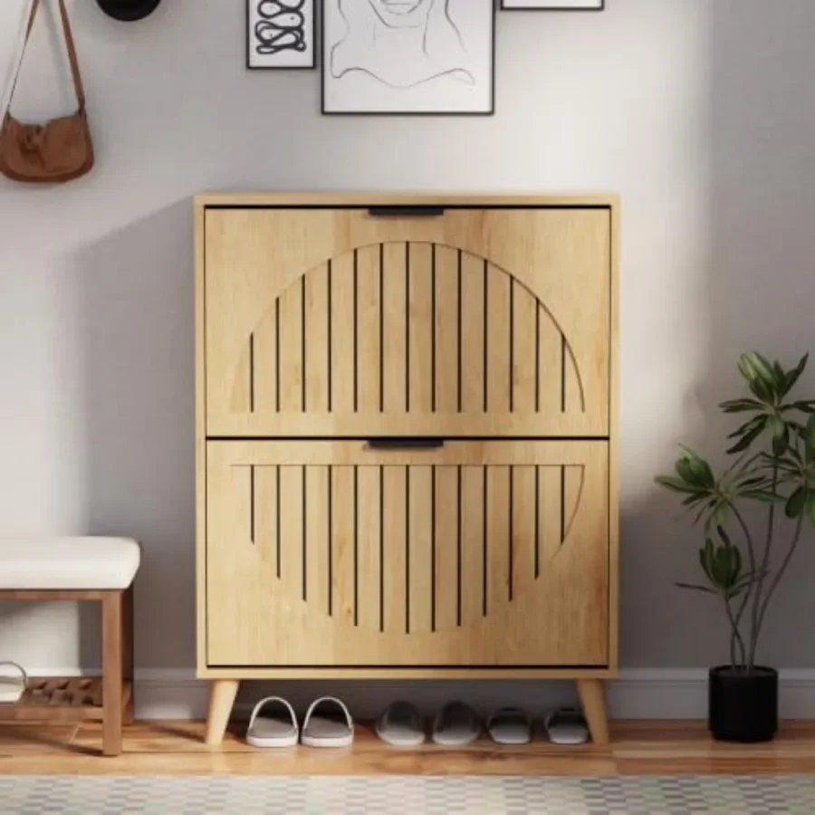 Shoe Storage Cabinet for Entryway, Foyer, Hallway Natural Wood-Grain Fluted Panel Doors, Freestanding Narrow Design with 2 Flip
