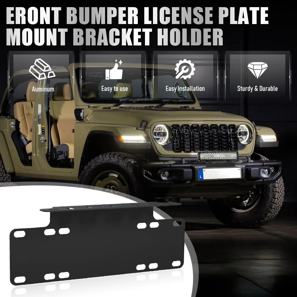 Universal Black Front License Plate Mount Holder Bracket for Off‑Road LED Work Light Bar, LED Light Bar Mounting Bracket