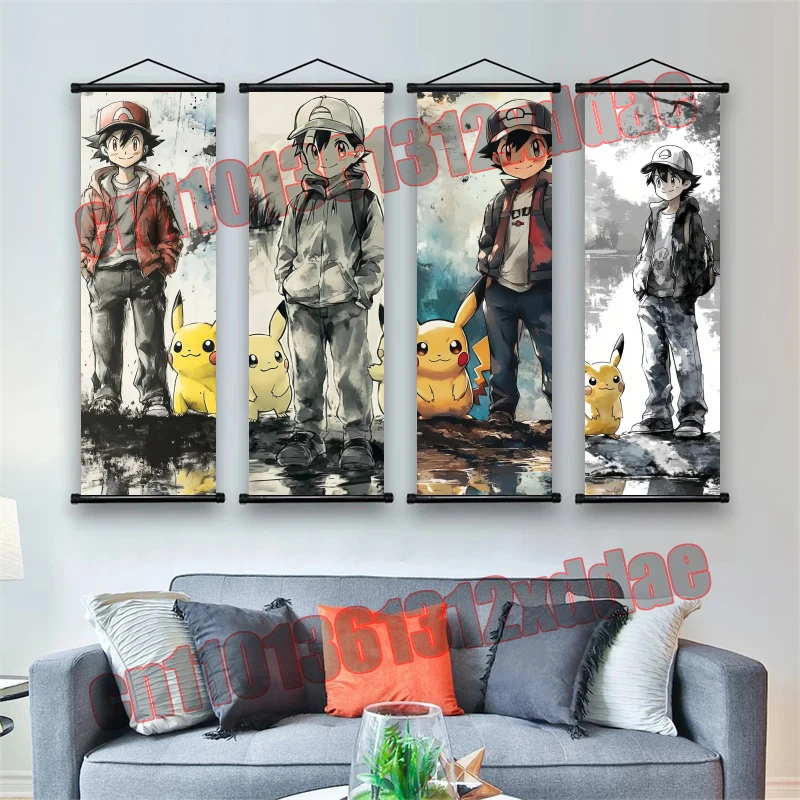

Anime Pokemon Retro Poster, Ash and Pikachu, Image Print Art White Canvas Painting, Home Wall Decoration Scroll Drawing Gift