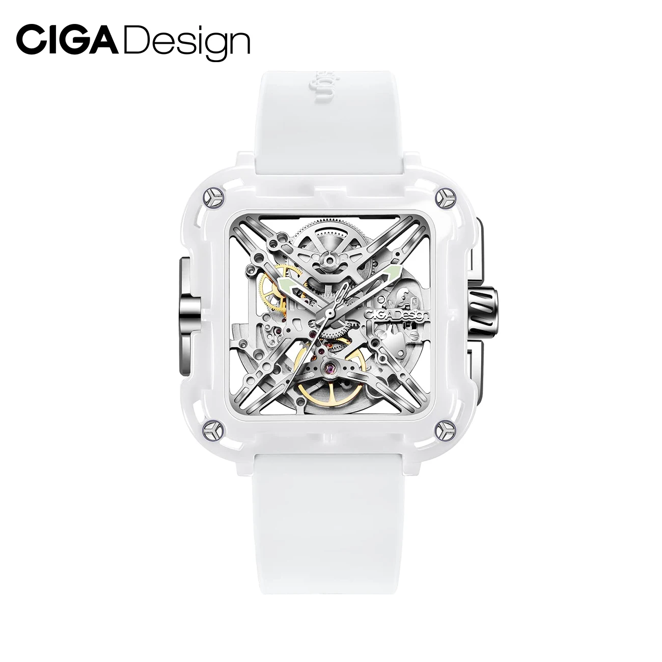 CIGA Design-X Series Relógio Mecânico Cerâmico Branco para Mulheres, Relógios Automáticos, Relógio de Pulso Esqueleto Luminoso, Silicone Strap,