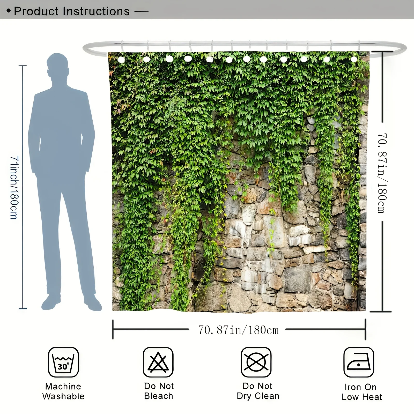 Tirai Mandi Tahan Air Dinding Batu dengan Ivy untuk Dekorasi Kamar Mandi, Desain Terinspirasi Alam, Warna Cerah, Gaya Unik