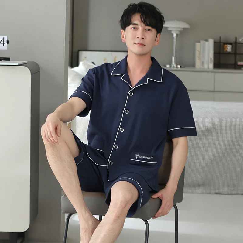 M-4XL 플러스 사이즈 남성용 파자마, 얇은 반팔 순면 잠옷 세트, 십대 가정 의류, 남성 잠옷, 고품질 여름