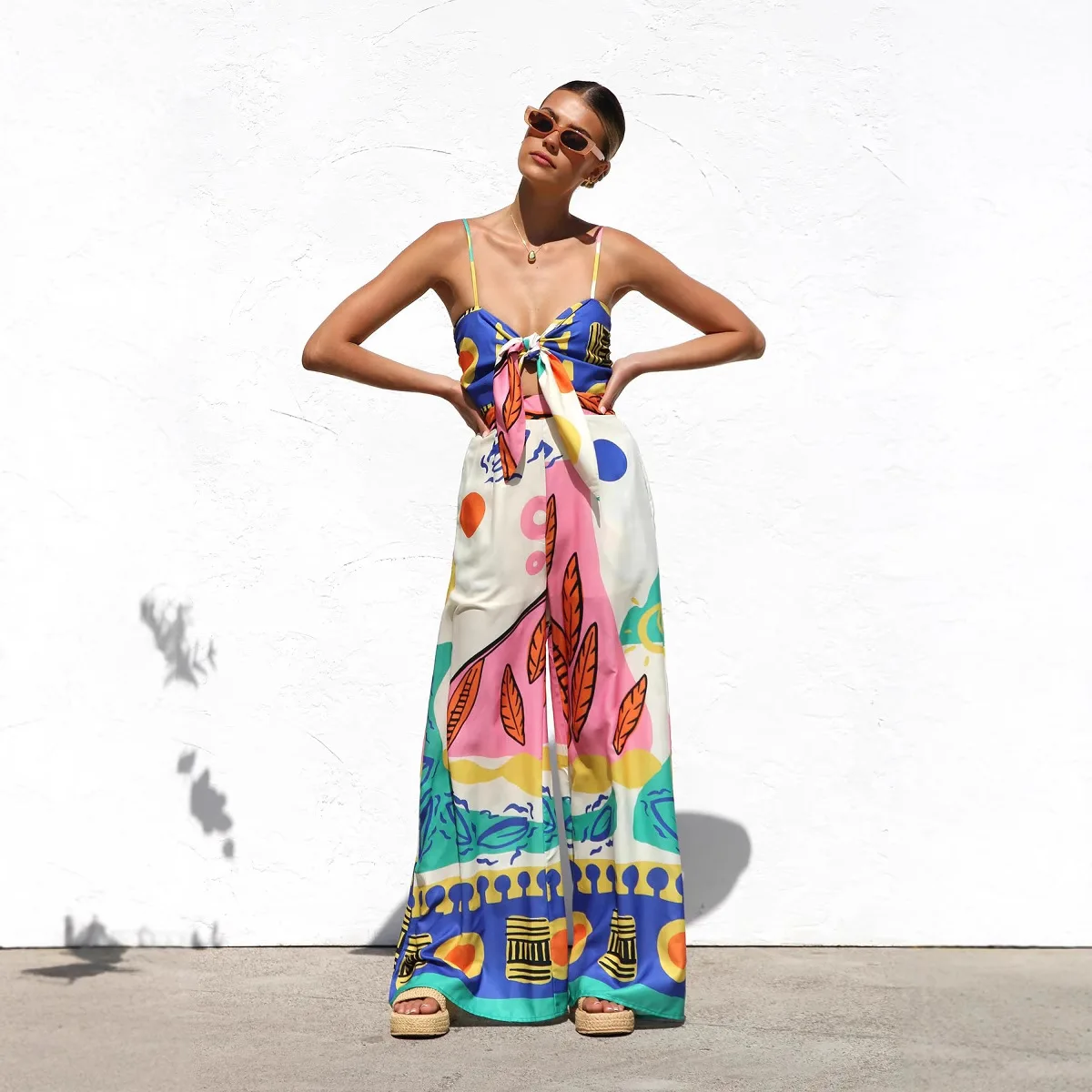 

Женский комбинезон с высокой талией, прямые брюки с поясом-завязкой, широкие штанины, весенний, из полиэстера, короткая юбка