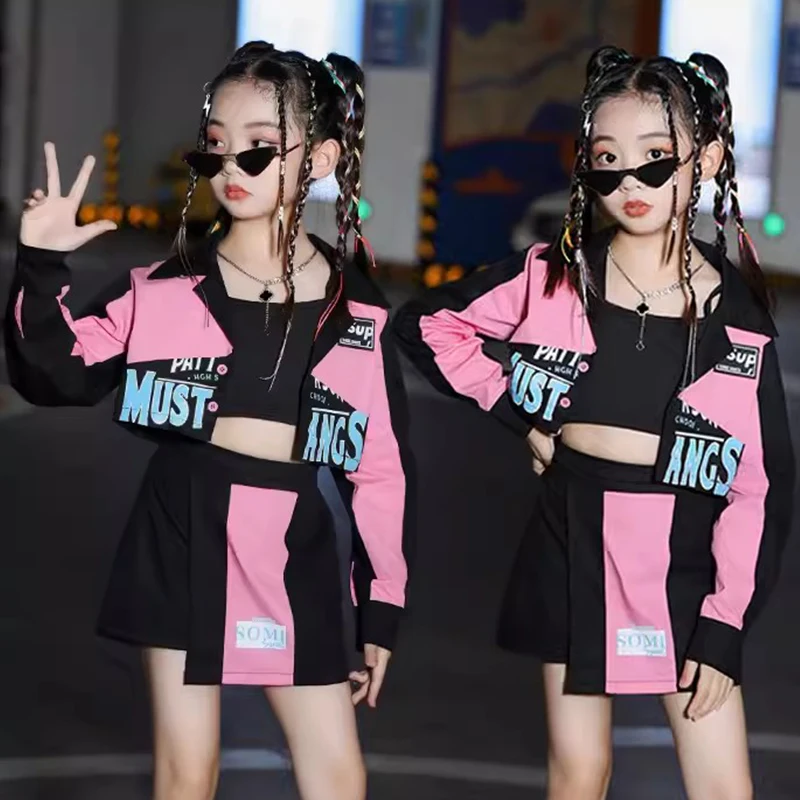 K-pop Jazz Dance Clothes For Girls Hip Hop Costume Motorcycle Jacket Skirt Pink Performance Suit Kids Walk Show Stage Wear 11386