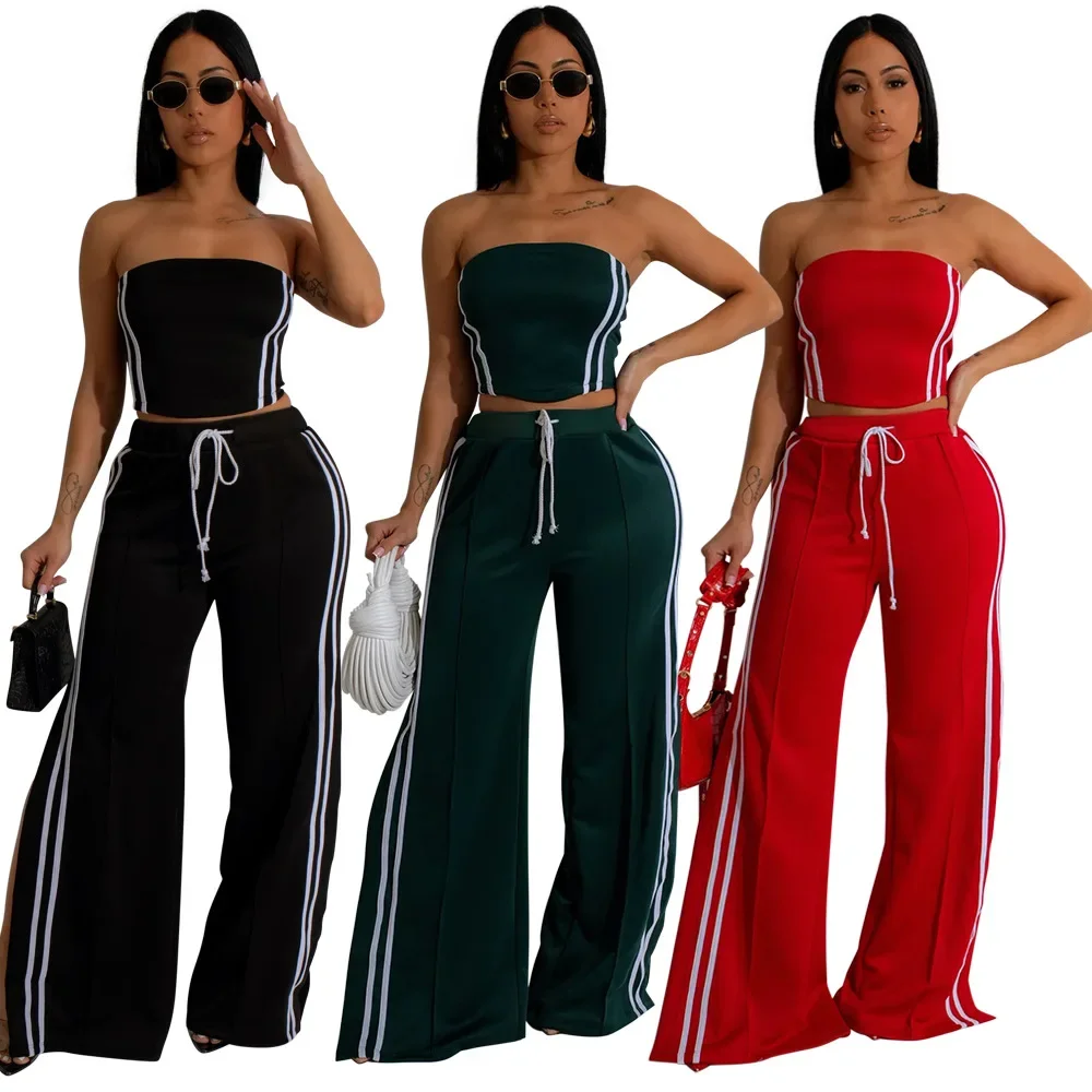 Laxsesu Fashion Women\'s Set Strapless Striped Ribbon Crop Top + Wide Leg Pants Suits Summer Streetwear Two 2 Piece Set Outfits