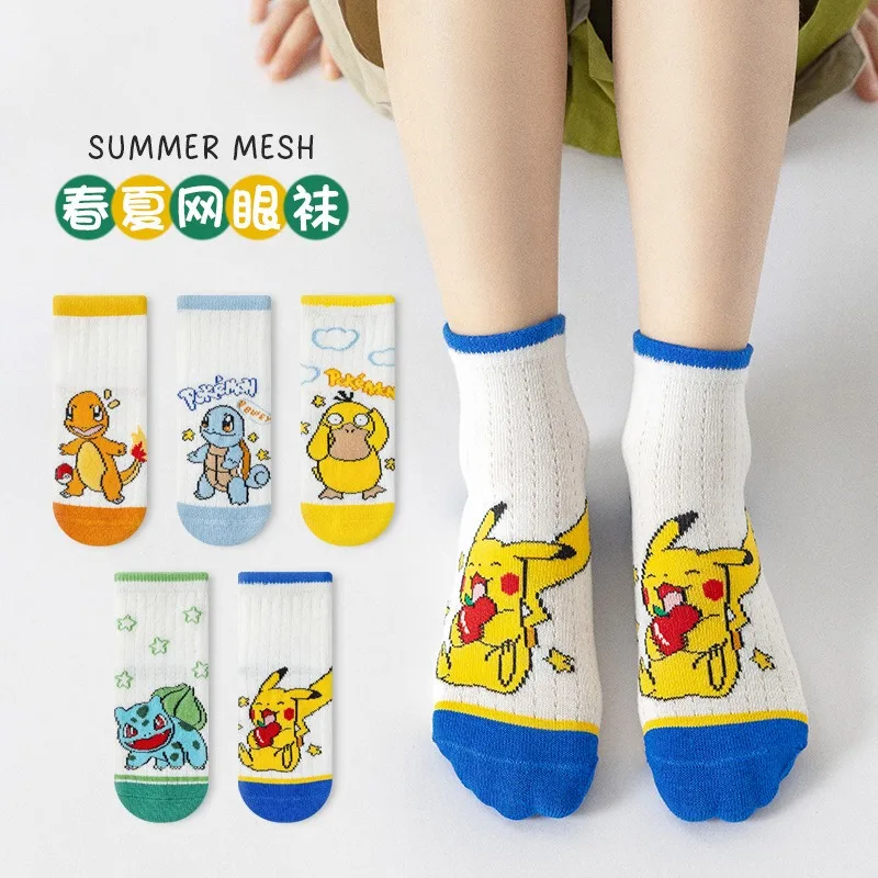 

5Pairs Pikachu Kids Socks Mesh Breathable Thin Socks Summer Cute Cartoon Childrens Mid-calf Cotton Sock for Girls and Boys Gifts